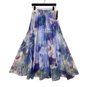 Afibi Watercolor Floral Maxi Skirt Sheer Overlay Elastic Waist Blue Purple L NWT